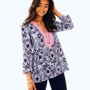 Lilly Pulitzer Beaded 100% Silk Pink Blue Renato Dinner Tunic Oh My Cod Large